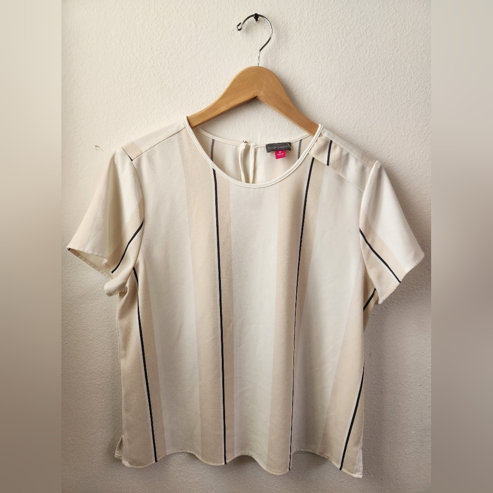 Vince‎ Camuto Women's Striped Blouse Short Sleeves White Black Cream Medium